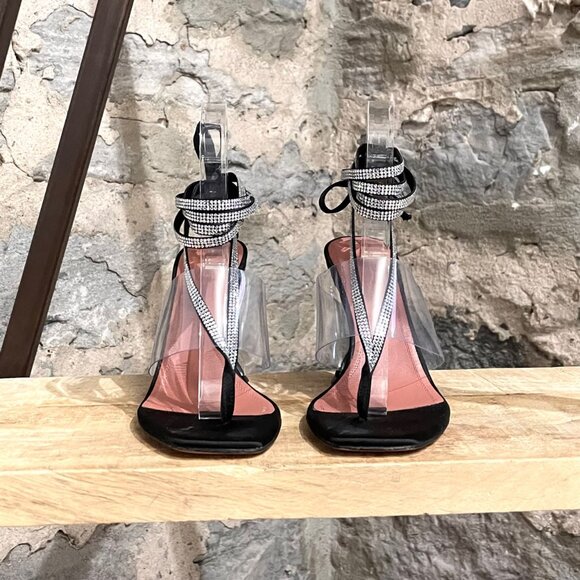 Amina Muaddi Zula Black Satin Clear Rhinestone Thong Heeled Sandals - Picture 3 of 11